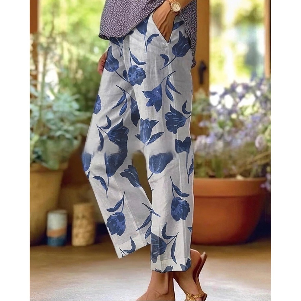 Akivide Women Blue Floral Tulip Print Cotton Linen Straight Leg Pants Medium New